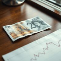British pound banknote on desk with financial chart showing currency forecast
