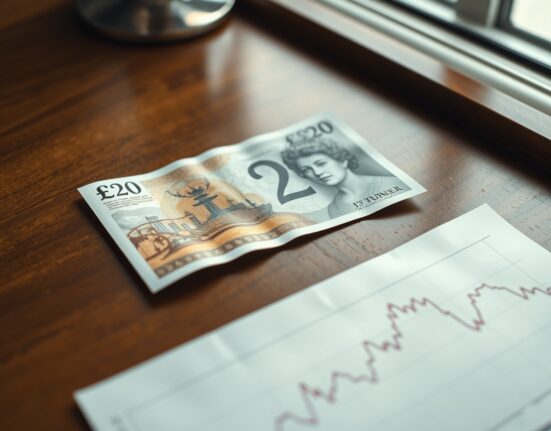 British pound banknote on desk with financial chart showing currency forecast
