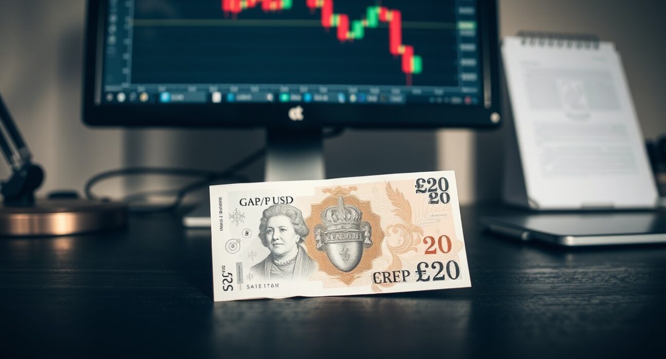 British Pound Sterling banknote on desk with GBP/USD chart on computer monitor in background