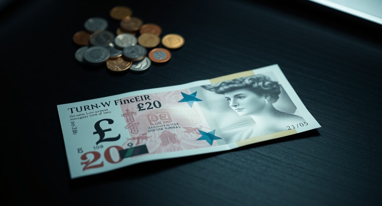 British pound sterling banknote on a desk with international coins in background
