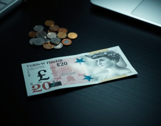 British pound sterling banknote on a desk with international coins in background