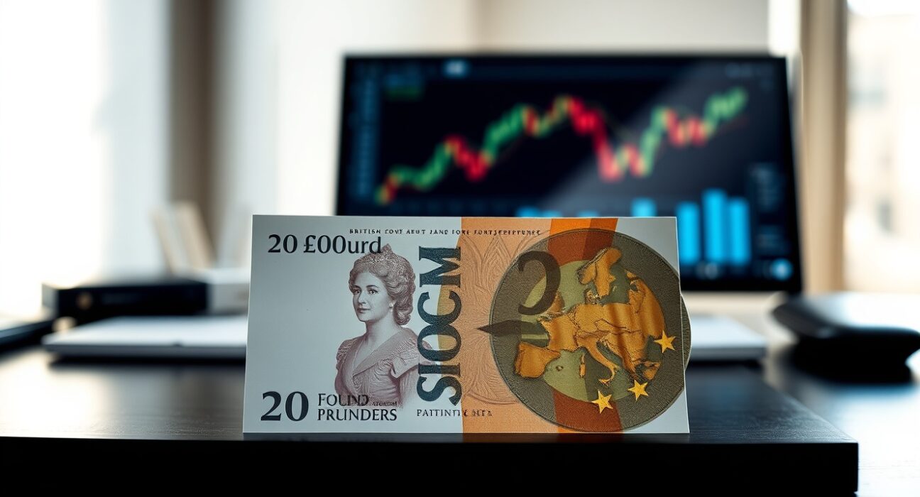 British Pound and Euro banknotes on a desk with soft natural lighting, representing currency market analysis.