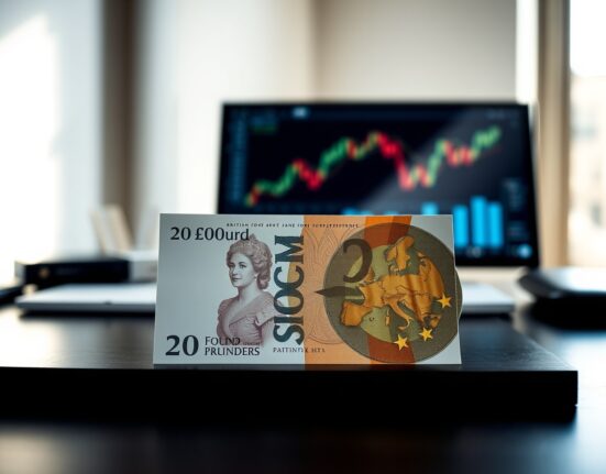 British Pound and Euro banknotes on a desk with soft natural lighting, representing currency market analysis.