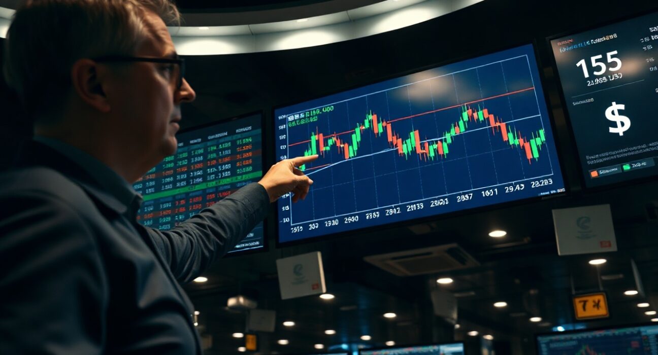 Financial analyst pointing at GBP/USD chart on digital screen in trading room
