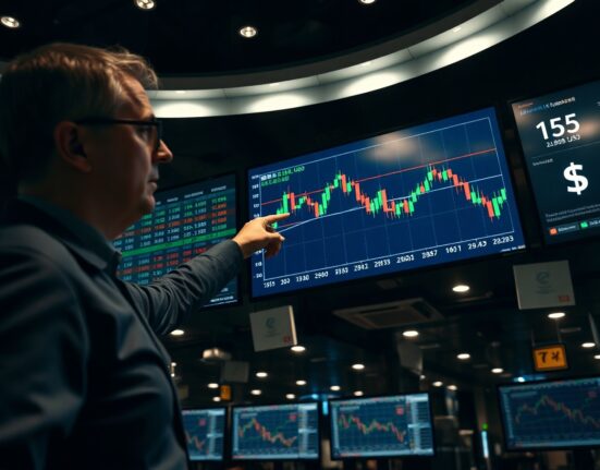 Financial analyst pointing at GBP/USD chart on digital screen in trading room