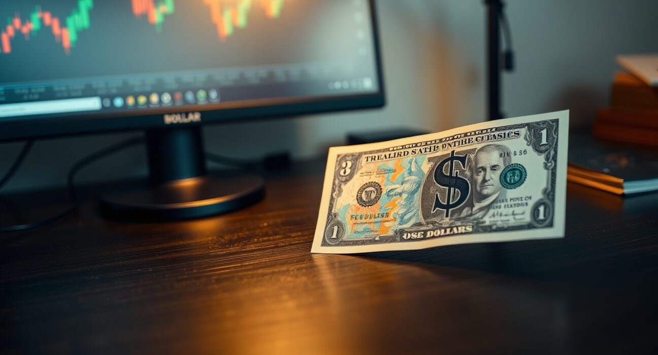 British Pound and US Dollar banknotes on a desk with a blurred financial chart in background.