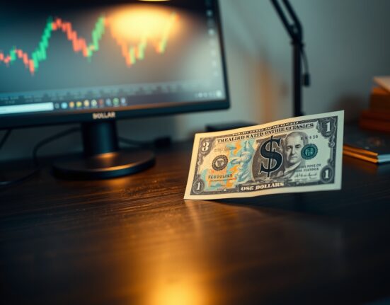 British Pound and US Dollar banknotes on a desk with a blurred financial chart in background.