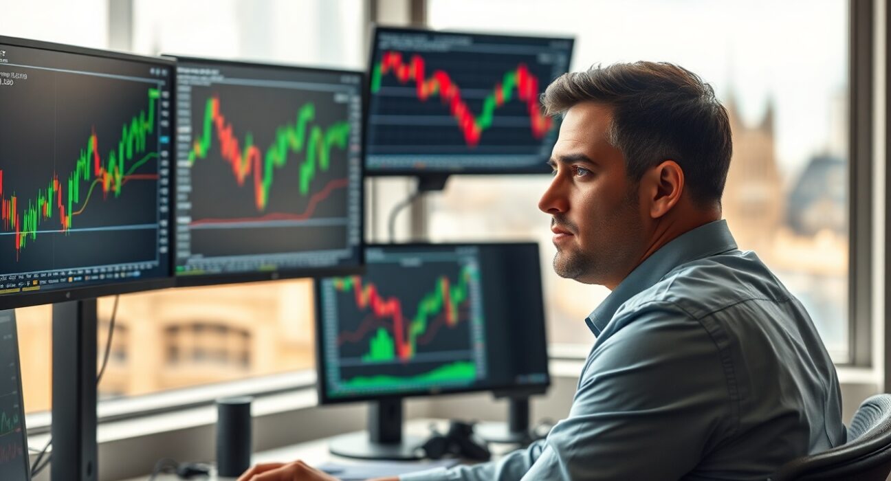 Financial analyst monitors British pound forex charts on multiple screens in a modern office.