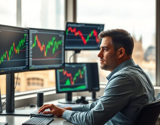 Financial analyst monitors British pound forex charts on multiple screens in a modern office.
