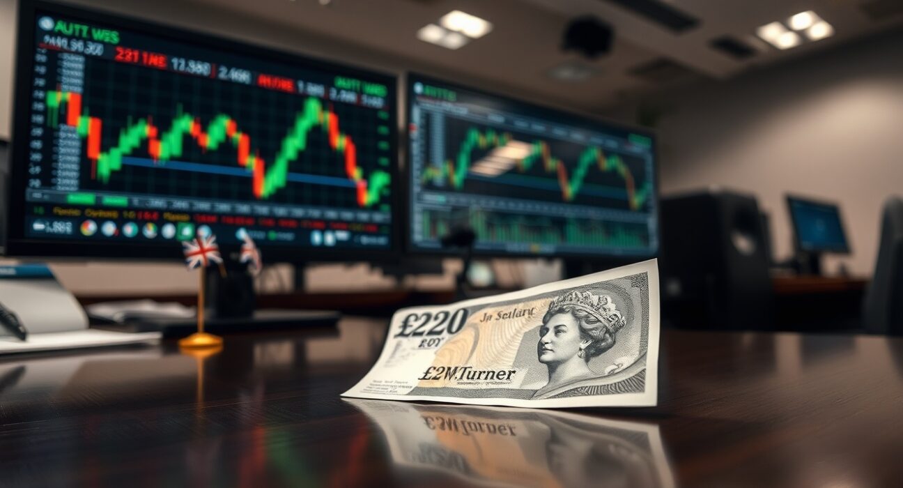 Close-up of a British Pound banknote on a trading desk with financial charts in the background.