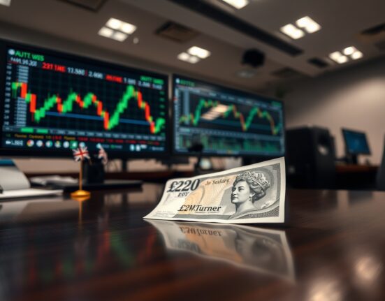 Close-up of a British Pound banknote on a trading desk with financial charts in the background.
