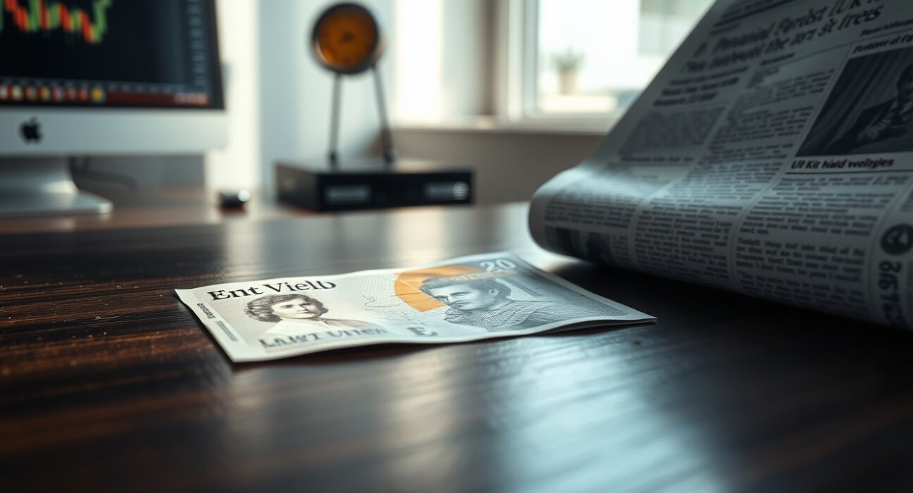 British Pound Sterling note on a desk next to a financial newspaper with gilt market headlines.