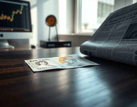 British Pound Sterling note on a desk next to a financial newspaper with gilt market headlines.