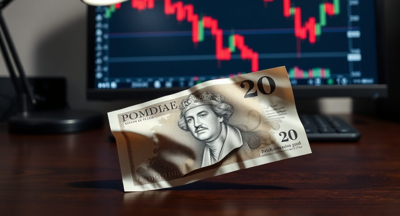 British pound banknote on desk with blurred forex chart in background