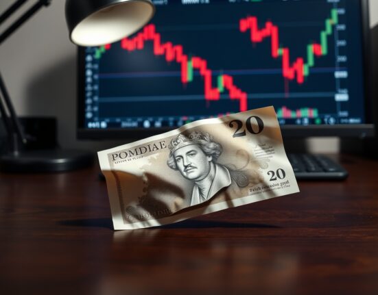 British pound banknote on desk with blurred forex chart in background