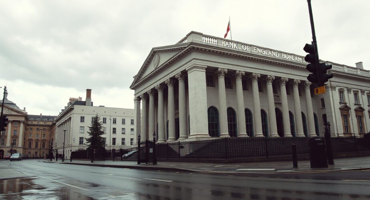 Bank of England building on a cloudy day reflecting political and economic uncertainty