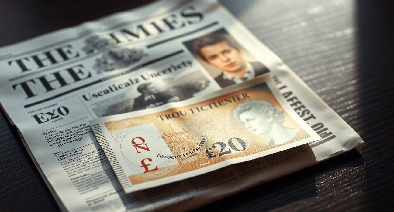 British Pound banknote on a newspaper about UK political uncertainty
