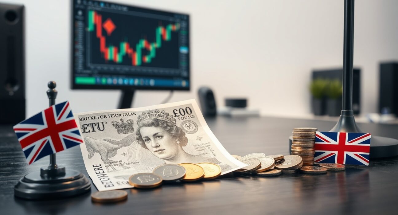 British Pound Sterling banknotes and coins with UK flag, representing forex market stability analysis.