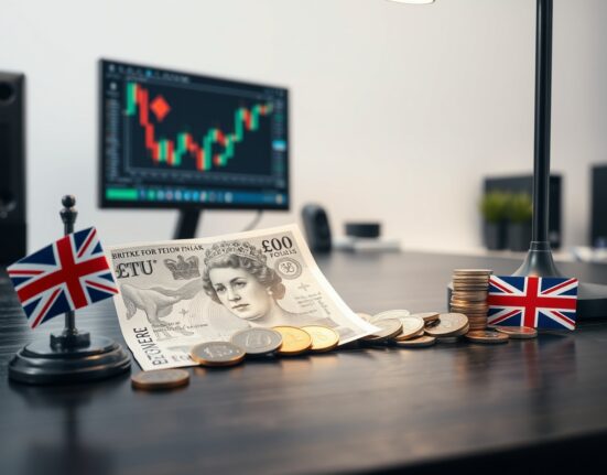 British Pound Sterling banknotes and coins with UK flag, representing forex market stability analysis.