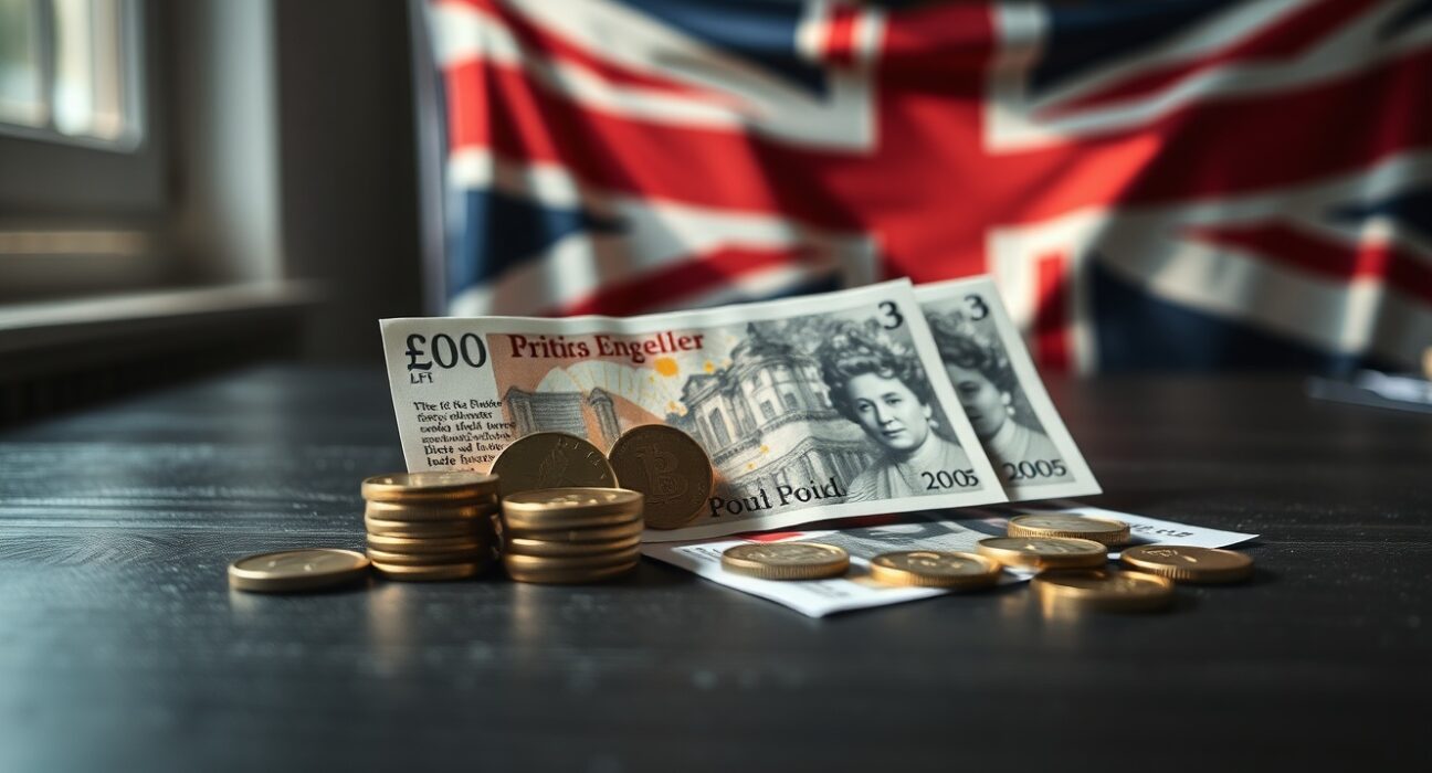 British Pound Sterling banknotes and coins on a desk with Union Jack flag in background, representing currency under political pressure.