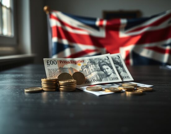British Pound Sterling banknotes and coins on a desk with Union Jack flag in background, representing currency under political pressure.