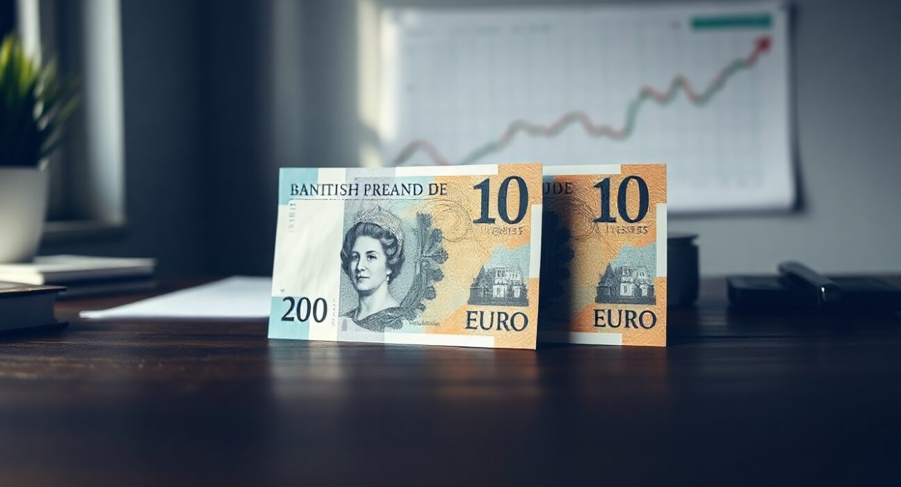 British Pound and Euro banknotes on a desk with a financial chart in the background