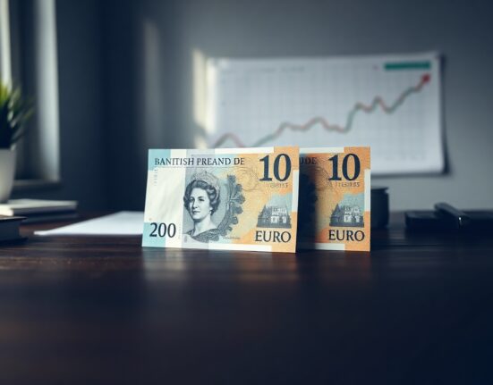 British Pound and Euro banknotes on a desk with a financial chart in the background