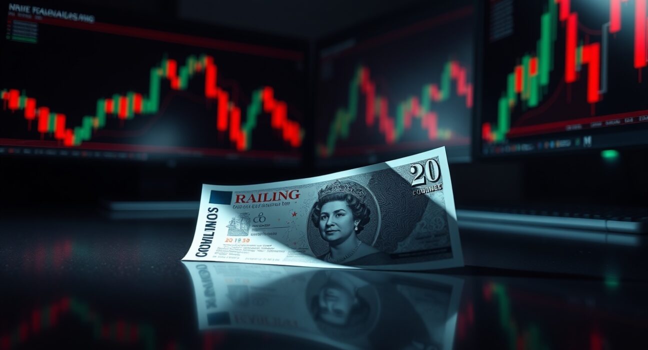 British Pound banknote on a reflective surface with blurred trading screens in background