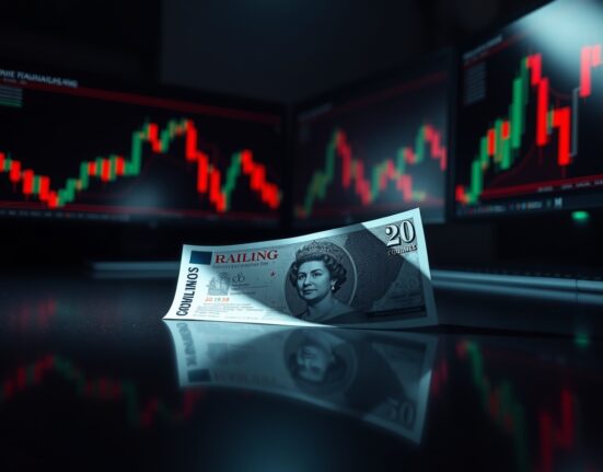 British Pound banknote on a reflective surface with blurred trading screens in background