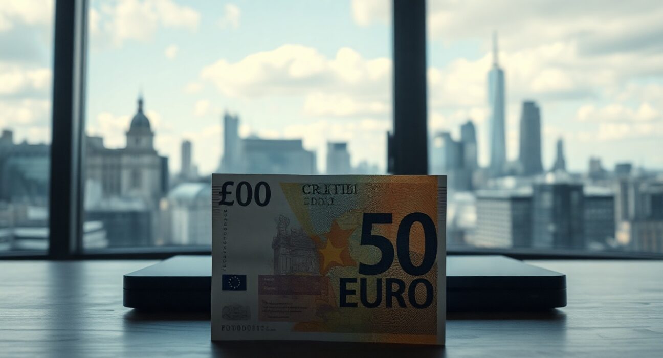 British Pound and Euro banknotes on a desk with London financial district background