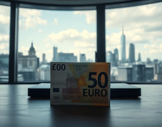 British Pound and Euro banknotes on a desk with London financial district background