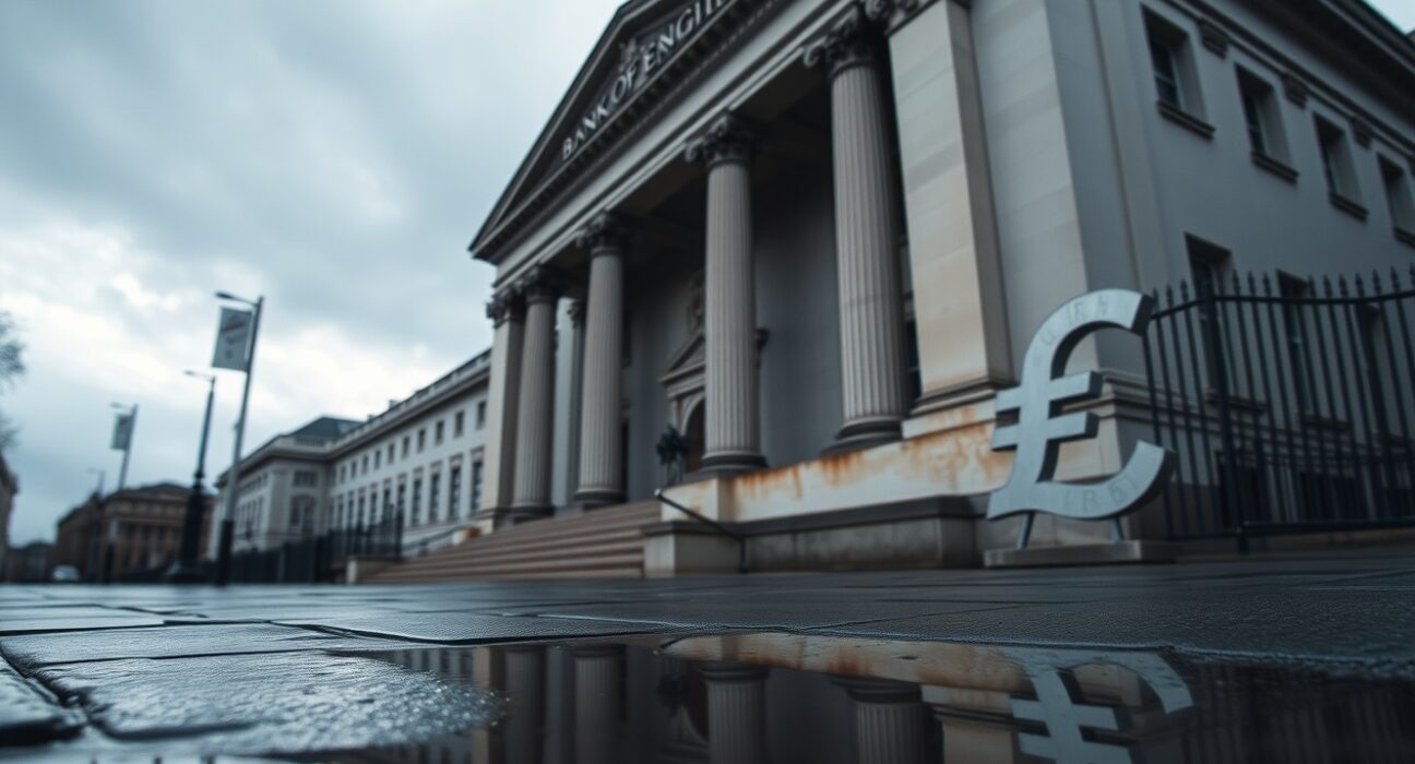 Bank of England building on a cloudy day with pound symbol reflection in puddle