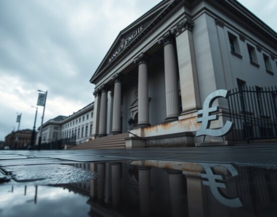 Bank of England building on a cloudy day with pound symbol reflection in puddle