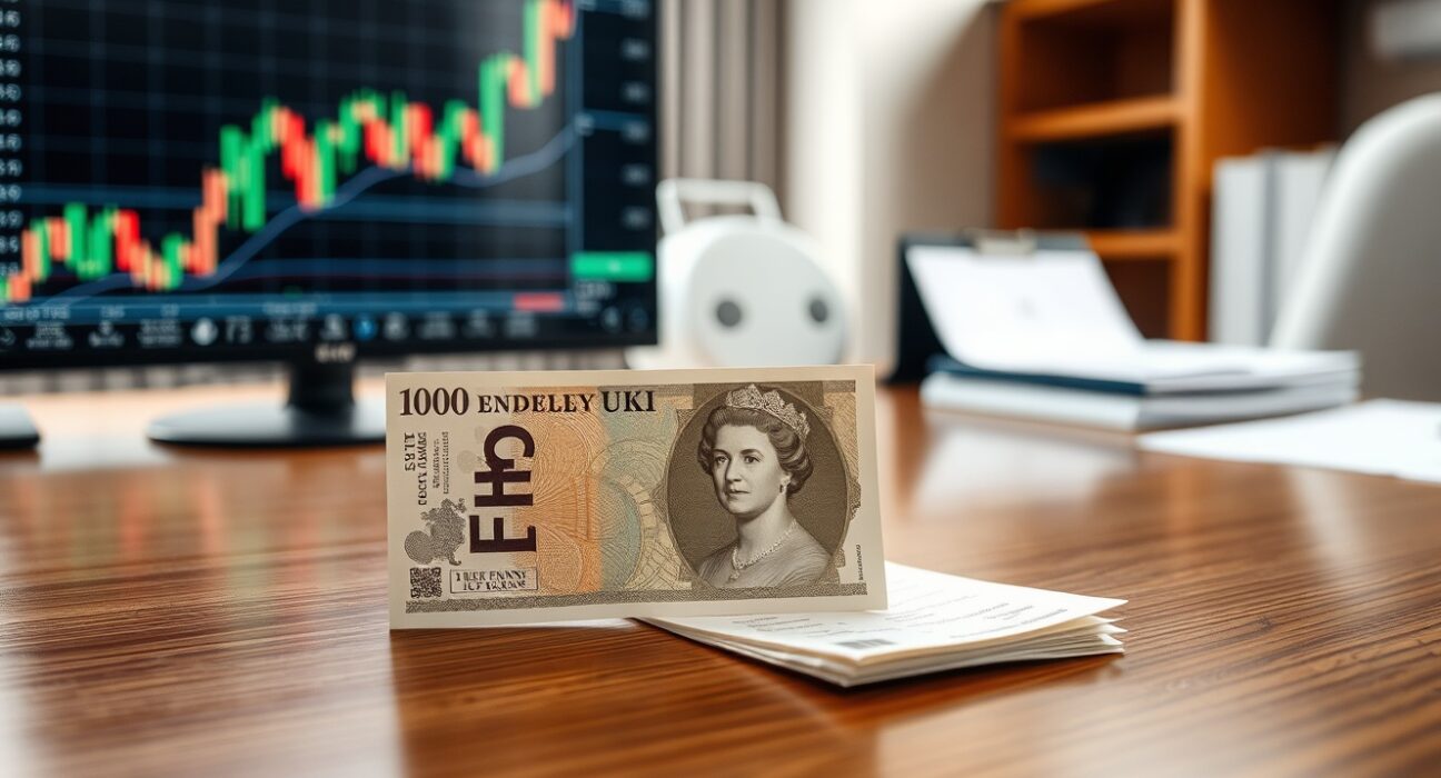 British pound banknote and UK gilt bond on a desk, representing Sterling and gilts market pressure