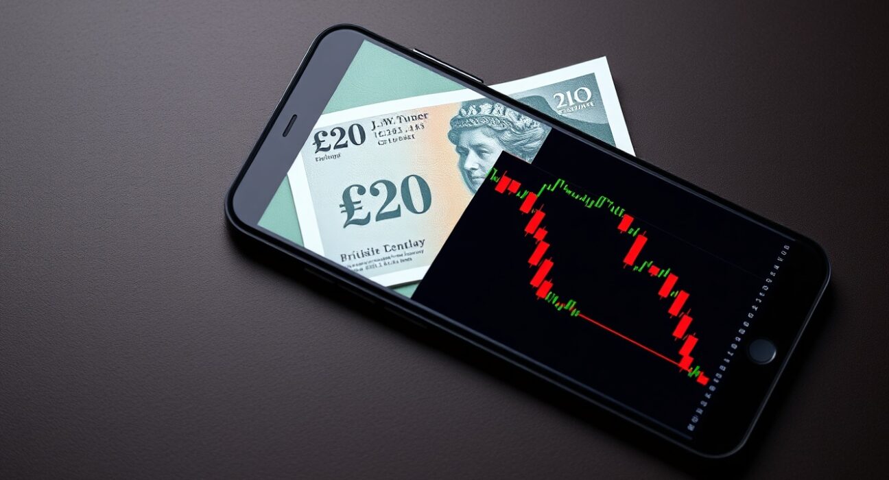 British pound banknote and smartphone showing forex chart representing currency volatility and analysis.