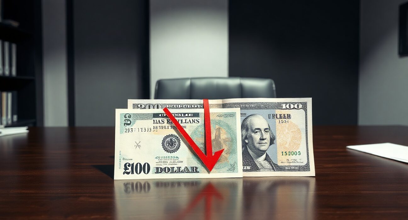 British Pound and US Dollar banknotes with a red downward arrow indicating currency pressure.