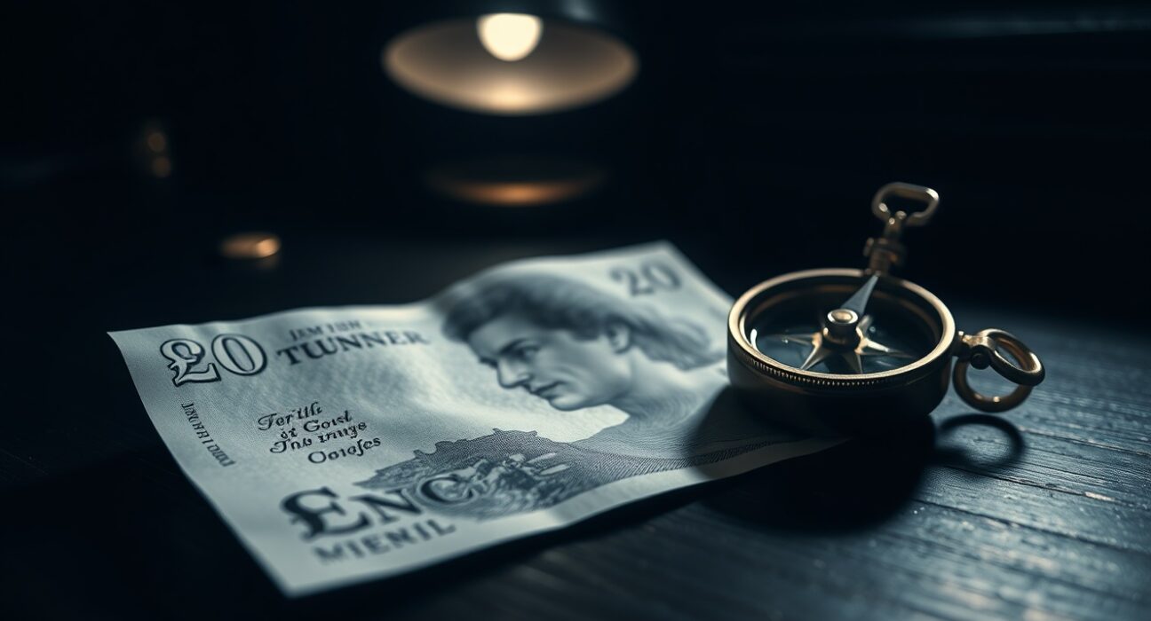 British Pound Sterling banknote on desk with compass, representing market uncertainty and currency analysis.