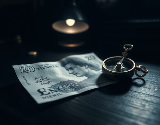 British Pound Sterling banknote on desk with compass, representing market uncertainty and currency analysis.