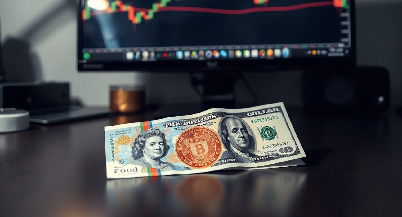 British Pound and US Dollar banknotes on a desk with financial charts in the background