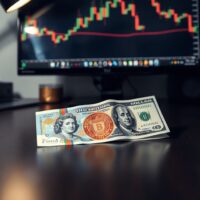 British Pound and US Dollar banknotes on a desk with financial charts in the background