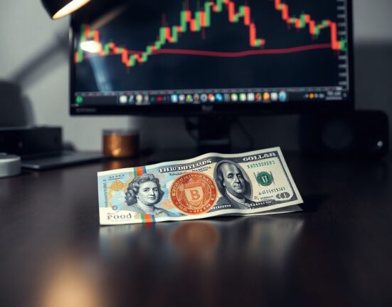 British Pound and US Dollar banknotes on a desk with financial charts in the background