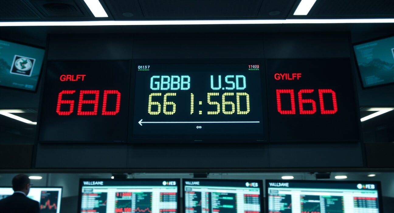 Digital currency exchange board showing GBP/USD trading rates in a professional trading environment.