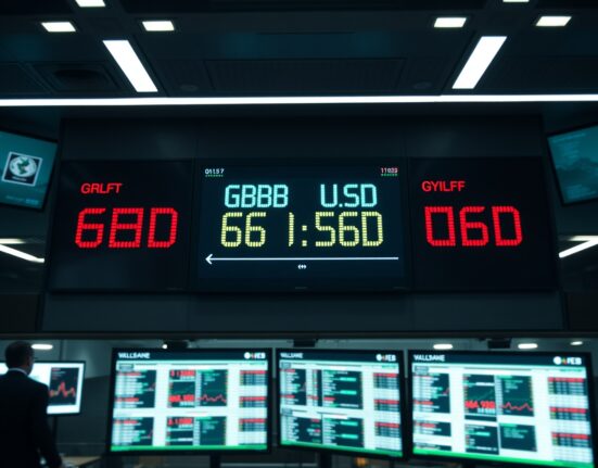 Digital currency exchange board showing GBP/USD trading rates in a professional trading environment.