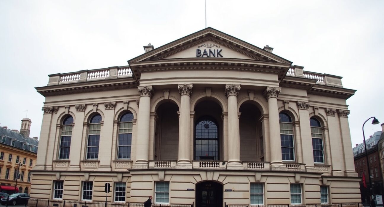 Exterior of the Bank of England building in London on a cloudy day.
