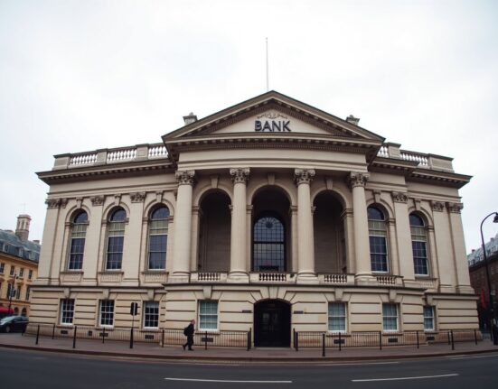 Exterior of the Bank of England building in London on a cloudy day.