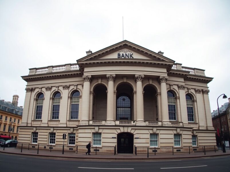 Exterior of the Bank of England building in London on a cloudy day.