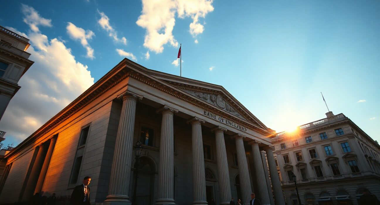 Bank of England building in London during golden hour, representing UK financial markets