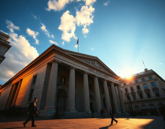 Bank of England building in London during golden hour, representing UK financial markets