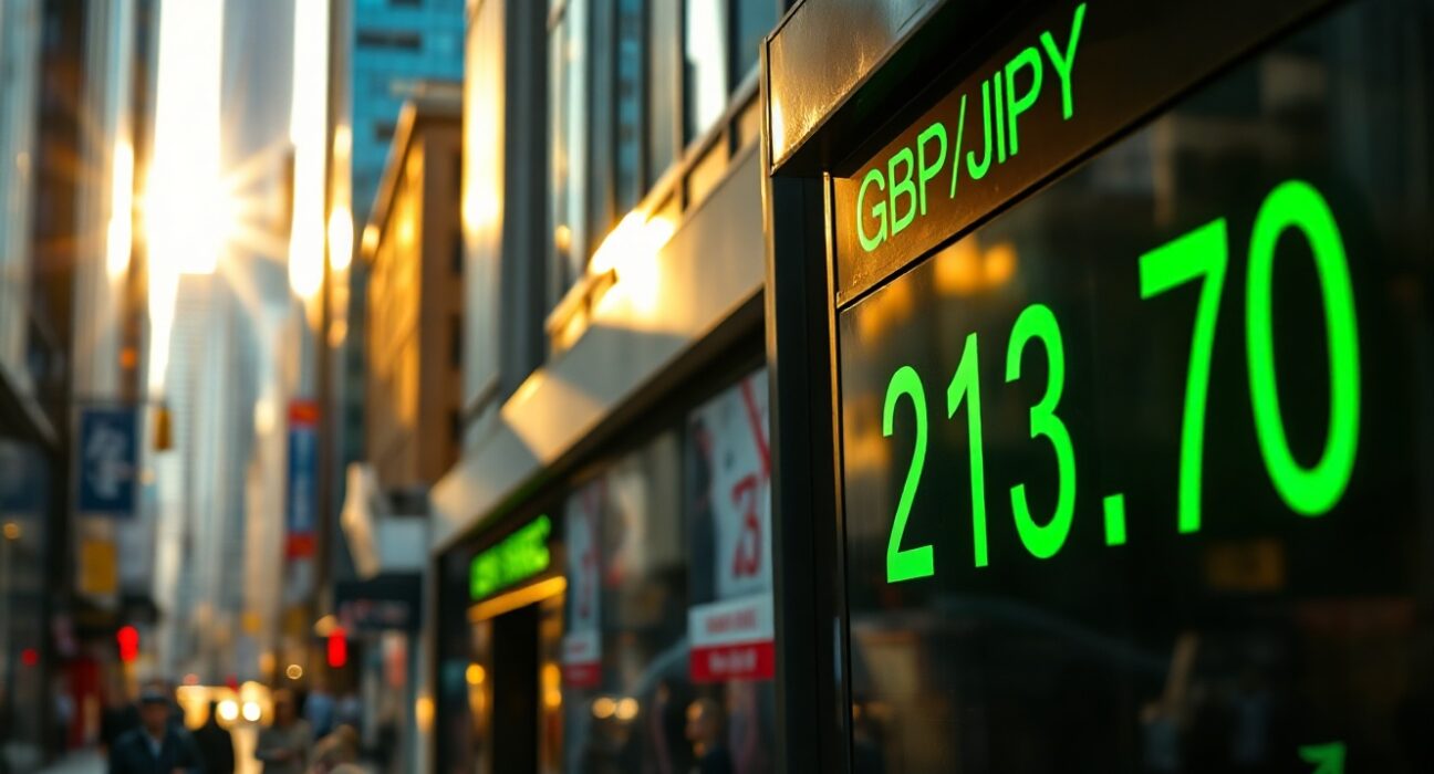 Digital currency exchange board showing GBP/JPY at 213.70 in a financial district