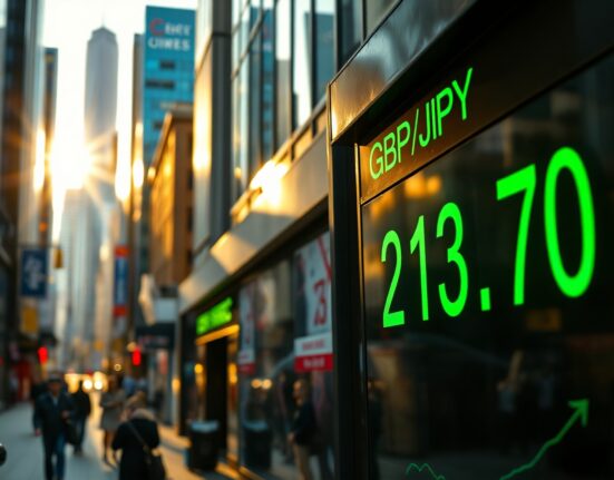 Digital currency exchange board showing GBP/JPY at 213.70 in a financial district